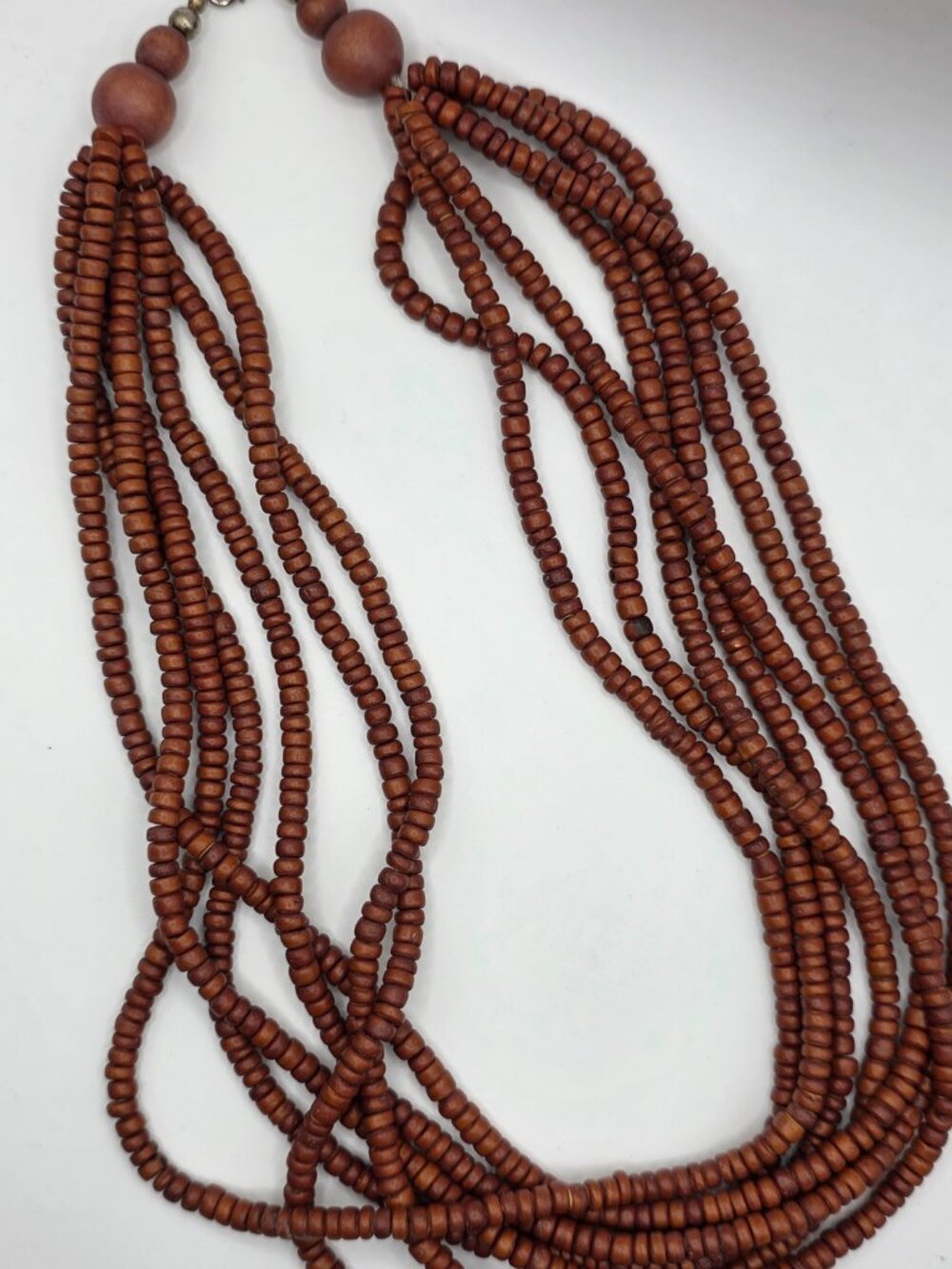 Vintage 7 Strand Brown Wood Bead Statement Necklace Boho 22"